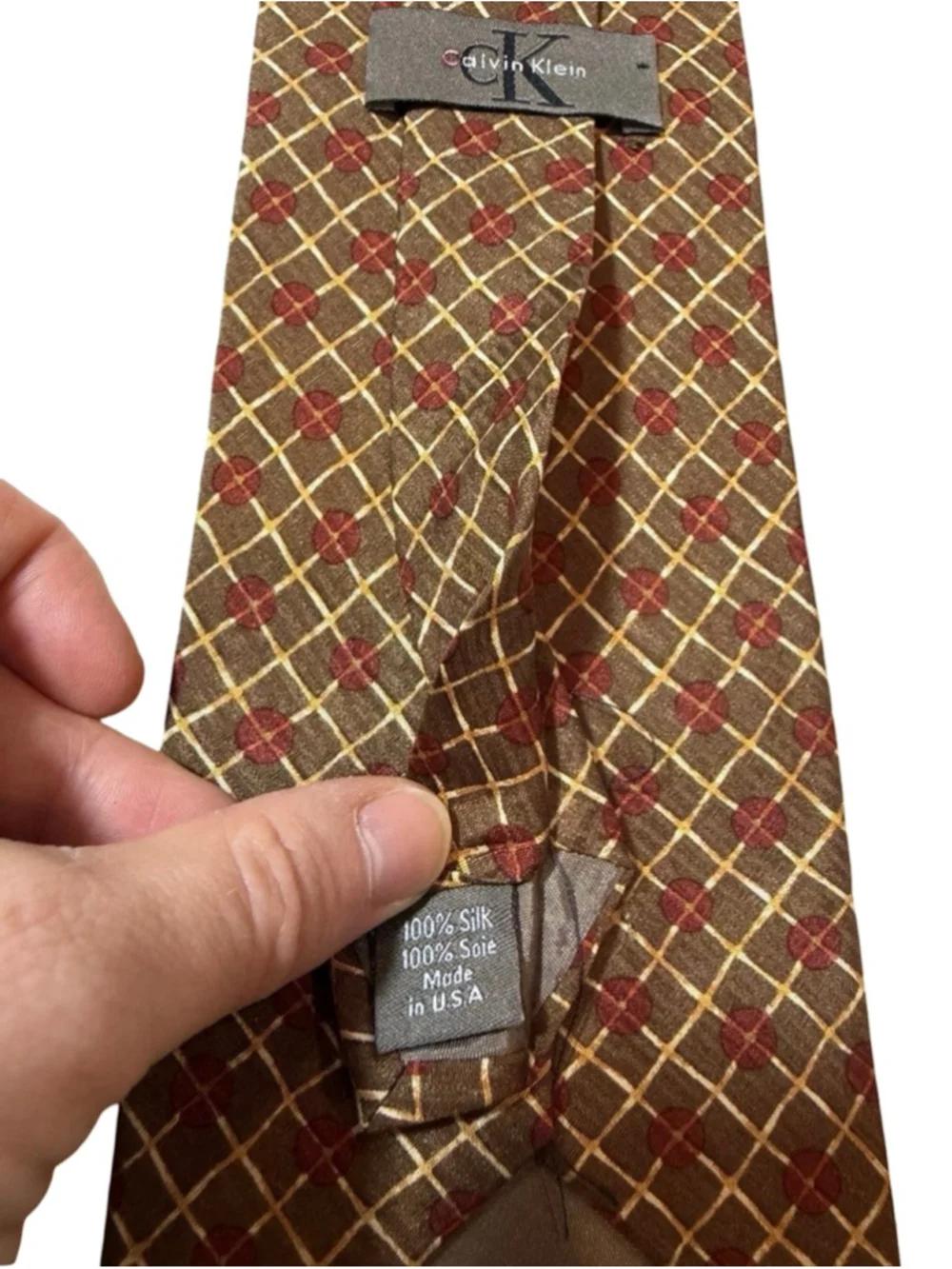 Calvin Klein Silk Tie Brown Gold Geometric Grid Medallion Pattern USA Designer